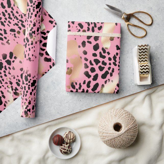 Papel De Presente Chic Glam Dourado Leopardo Preto Rosa Rosa (Artesanato)