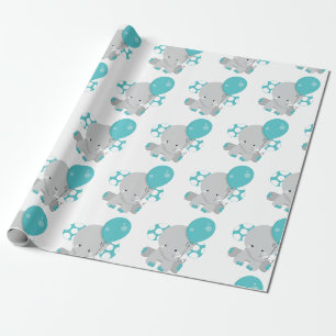 Papel De Presente Chic Madeira Teal Elefante Bebê Neutro