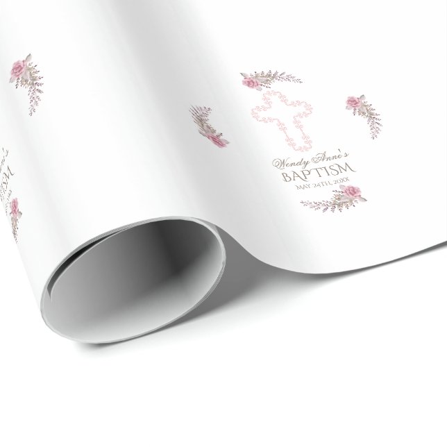 Papel De Presente Chic Marsala Maroon Floral Girl Baptism (Ponta do rolo)