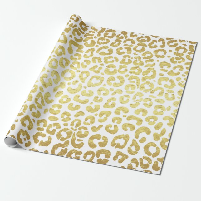 Papel De Presente Chic Modern Dourado Leopardo Branco Jaguar Cheetah (Desenrolado)