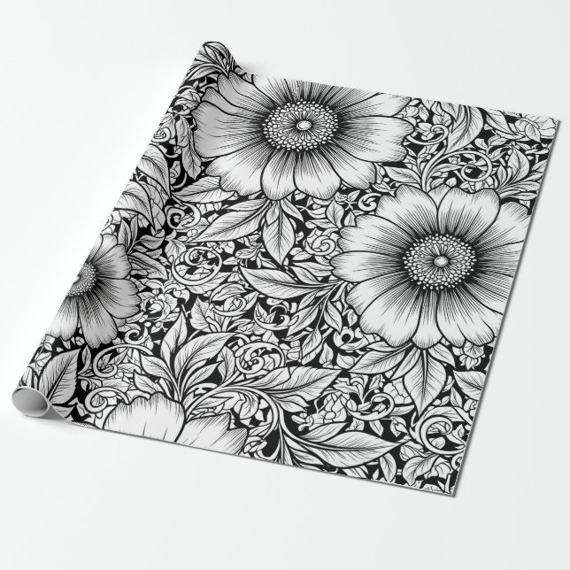 Papel De Presente Chic Monochrome Floral Luxury Pattern (7) (Desenrolado)