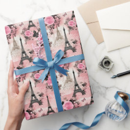 Papel De Presente Chic Pink Black & White Eiffel Tower Paris Francês