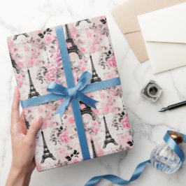 Papel De Presente Chic Pink Black & White Eiffel Tower Paris Francês