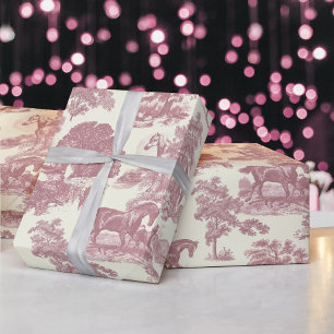 Papel De Presente Chic Pink Horses Clássico Elegante Toile Country