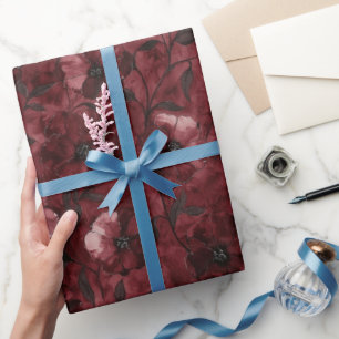 Papel De Presente Chic Preto Burgundy Vermelho Floral Chá de Noiva