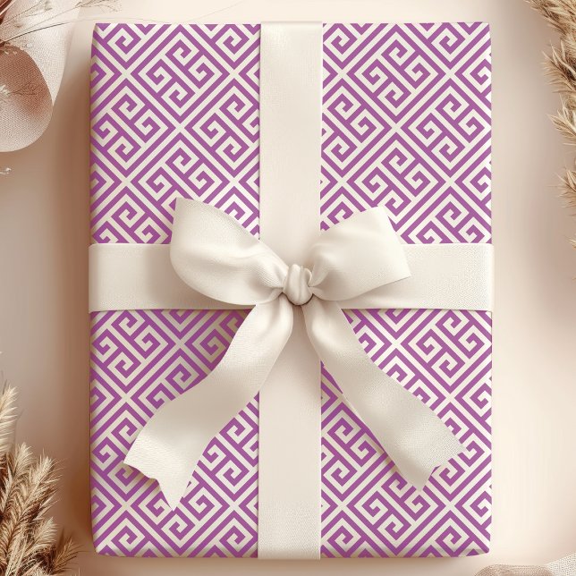 Papel De Presente Chic Purple e White Grego Key Maze (Criador carregado)