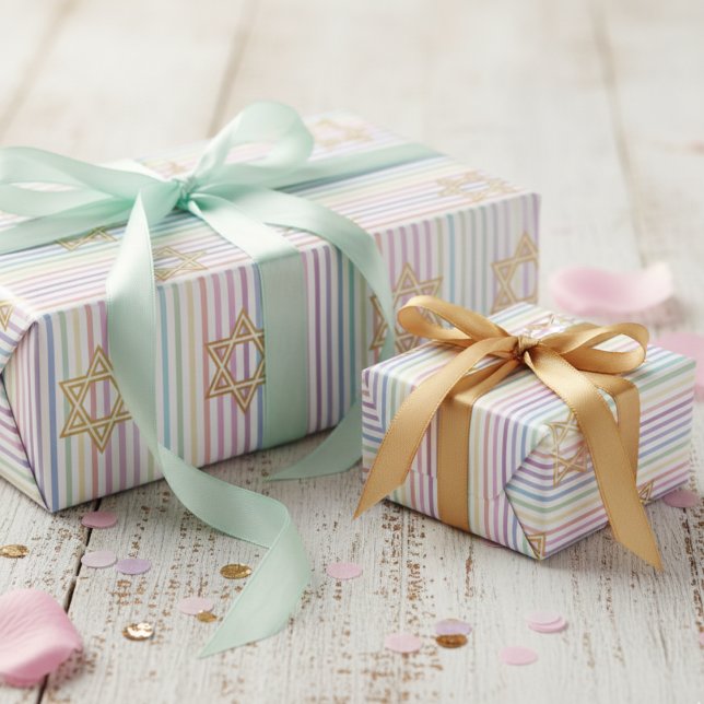 Papel De Presente Chic Star of David Rainbow Striped Pattern (Adorable Star of David Wrapping Paper for Her. Cute Girly Rainbow Multicolored Striped Pattern)