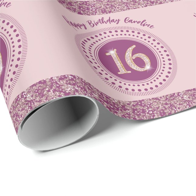 Papel De Presente Chic Sweet 16 Birthday Rosa Dourado Glitter & Stri (Ponta do rolo)
