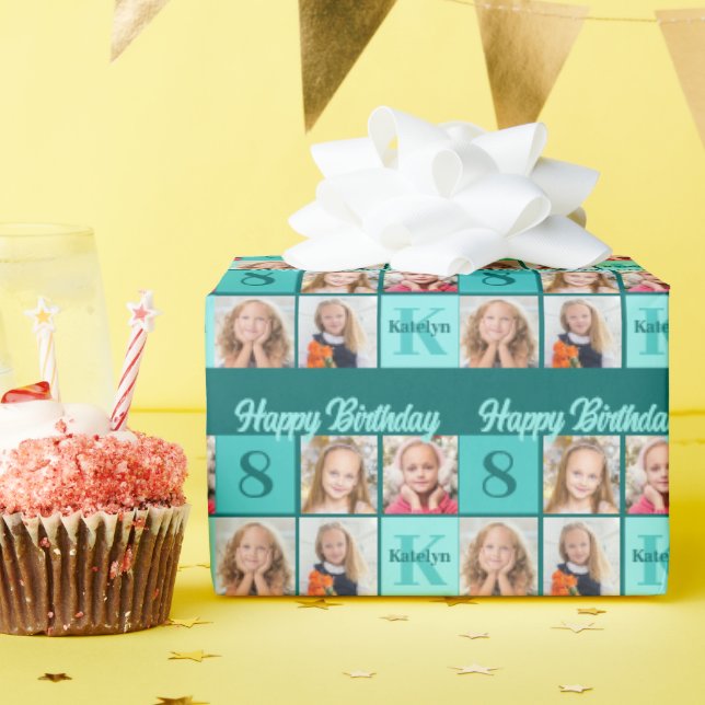Papel De Presente Chic Teal Birthday Party Custom Photo Collage (Festa de aniversário)