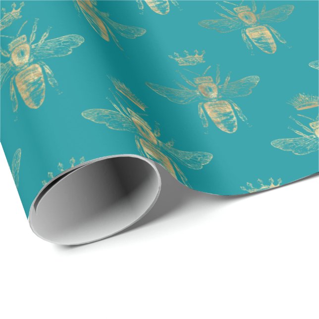 Papel De Presente Chic Teal Dourado Queen Bee Pattern (Ponta do rolo)