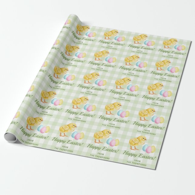 Papel De Presente Chick And Pastel Eggs Happy Easter Green Gingham (Desenrolado)