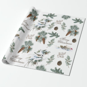Papel De Presente Chickadee Bird Evergreen Feliz Natal Francês