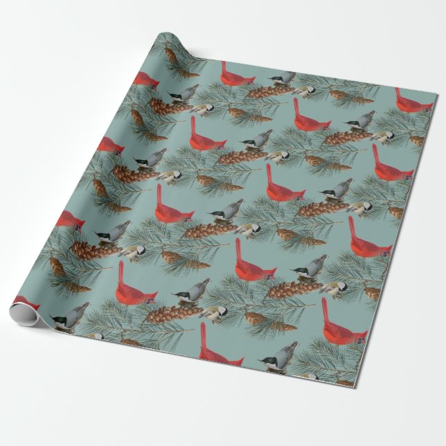 Papel De Presente Chickadee Cardinal de Aves de Natal (Desenrolado)