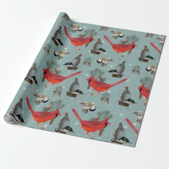 Papel De Presente Chickadee Cardinal de Aves de Natal (Desenrolado)