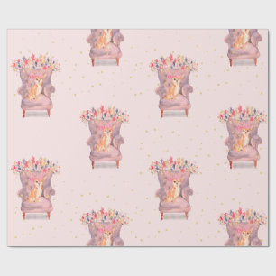 Papel De Presente Chihuahua Dog Pontos Dourados Florais Rosa