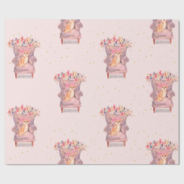 Papel De Presente Chihuahua Dog Pontos Dourados Florais Rosa (Aberto)