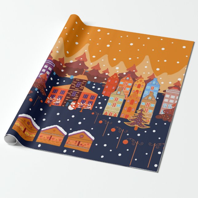 Papel De Presente Childish pattern with house and trees. Scandinavia (Desenrolado)