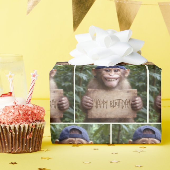 Papel De Presente Chimpanzé com Placa de Feliz Aniversário (Festa de aniversário)