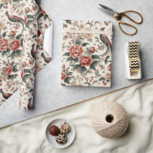 Papel De Presente Chinoiserie Asiática Bird White Red Floral