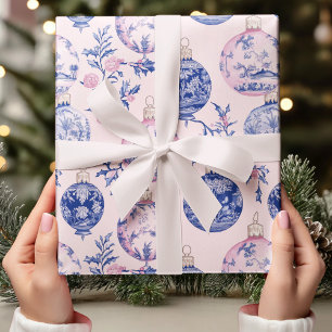 Papel De Presente Chinoiserie azul e Enfeites de natal rosa elegante