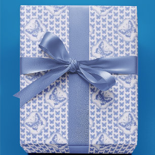 Papel De Presente Chinoiserie Azul Vintage Borboletas em Branco