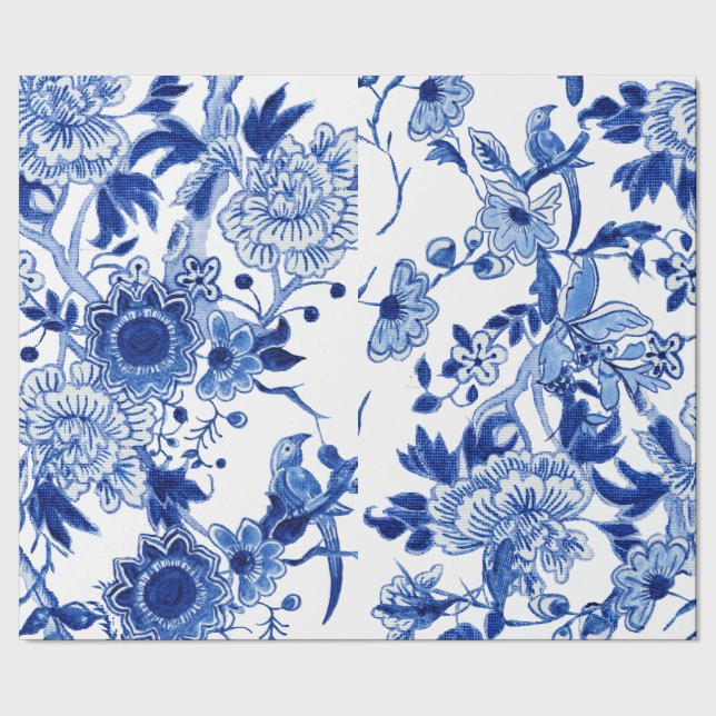 Papel De Presente Chinoiserie Bird Floral Blue Decoupage (Barra)