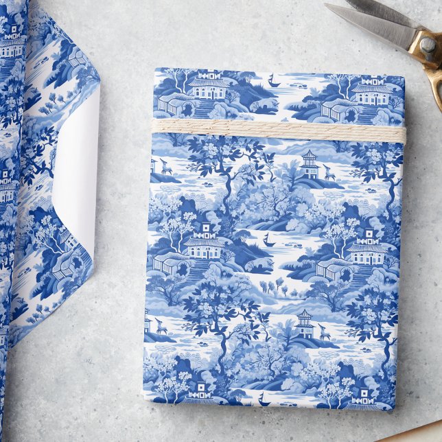Papel De Presente Chinoiserie Blue & White Toile Pagodas (Criador carregado)
