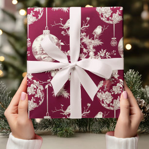 Papel De Presente Chinoiserie Burgundy e Enfeites de natal Branco