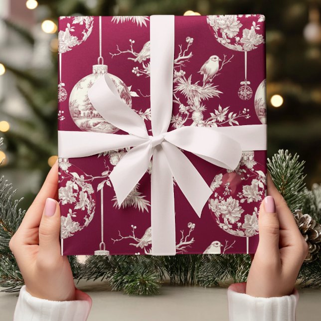 Papel De Presente Chinoiserie Burgundy e Enfeites de natal Branco (Criador carregado)