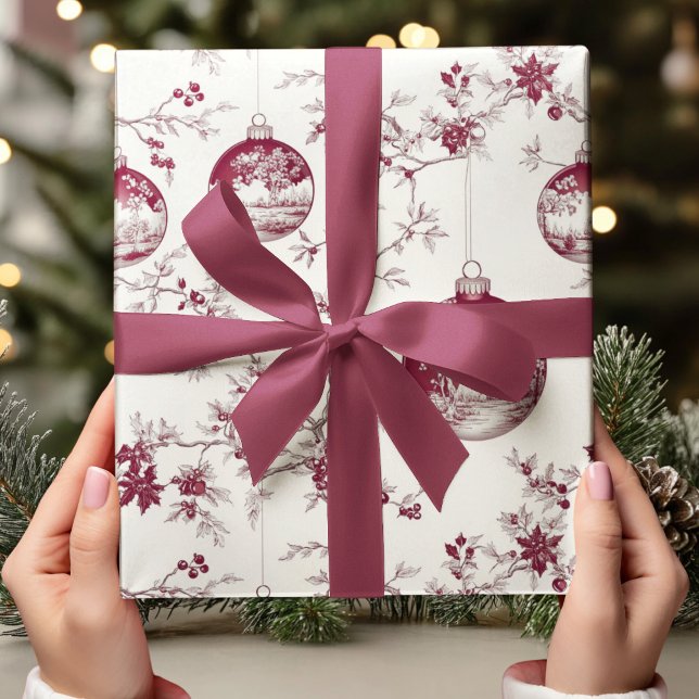 Papel De Presente Chinoiserie Burgundy e Enfeites de natal Branco (Criador carregado)