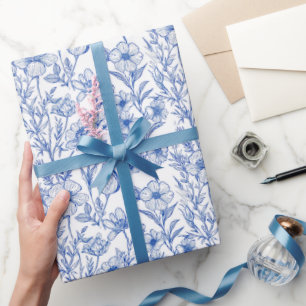 Papel De Presente Chinoiserie de Flor Silvestre Azul e Branco