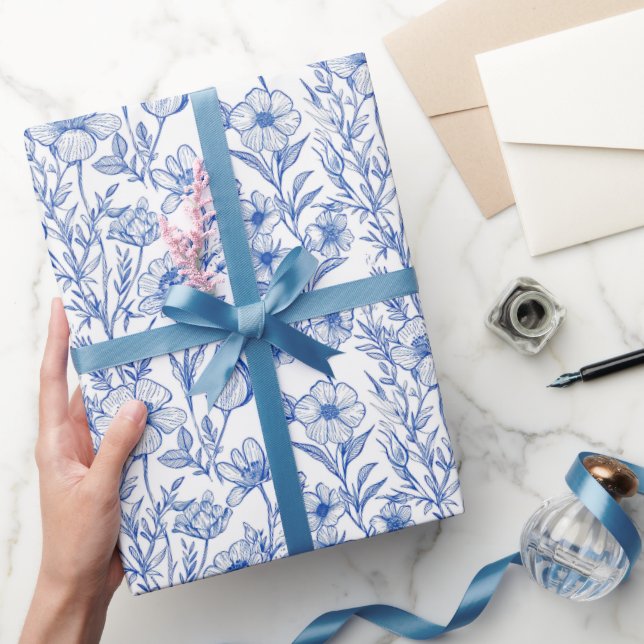 Papel De Presente Chinoiserie de Flor Silvestre Azul e Branco (Presentear)