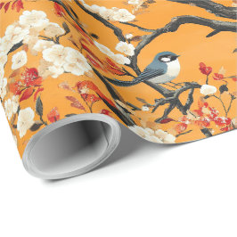 Papel De Presente Chinoiserie de Pássaros Florais Laranja de Outono