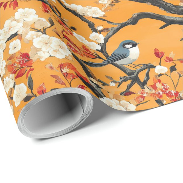 Papel De Presente Chinoiserie de Pássaros Florais Laranja de Outono (Ponta do rolo)