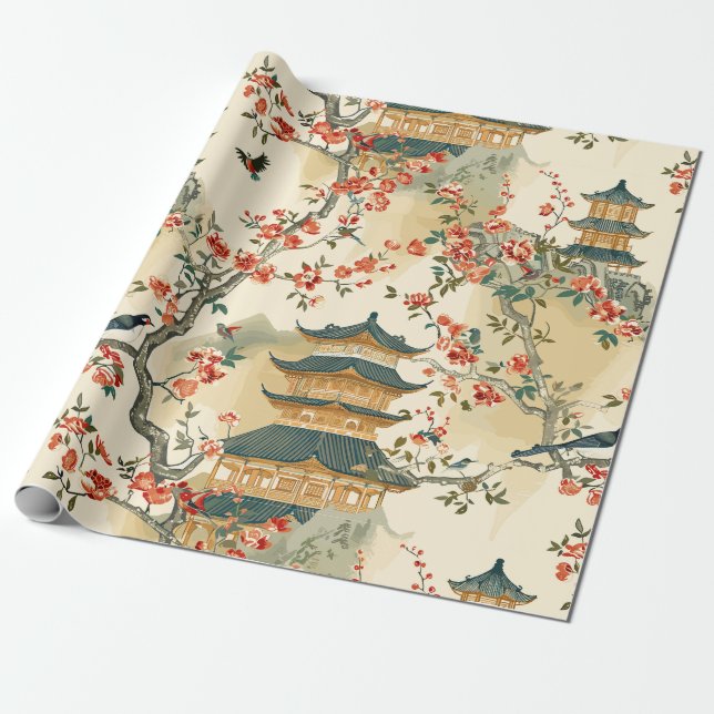 Papel De Presente Chinoiserie Elegante - Pagodes, Flores e Pássaros (Desenrolado)