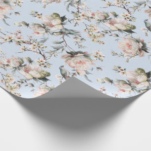 Papel De Presente Chinoiserie Flor de Blossom e Pássaro Azul Claro