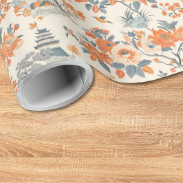 Papel De Presente Chinoiserie Floral Casa Laranja Creme