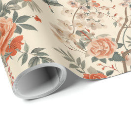 Papel De Presente Chinoiserie Floral de Laranja Creme de Outono