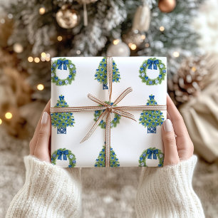 Papel De Presente Chinoiserie Natal Azul e Branco