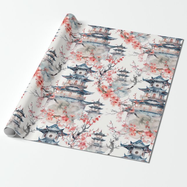 Papel De Presente Chinoiserie Pagode Azul Floral Rosa Flor (Desenrolado)