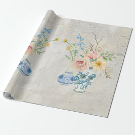 Papel De Presente Chinoiserie Rosa Peony Floral Blue Vases Brancos