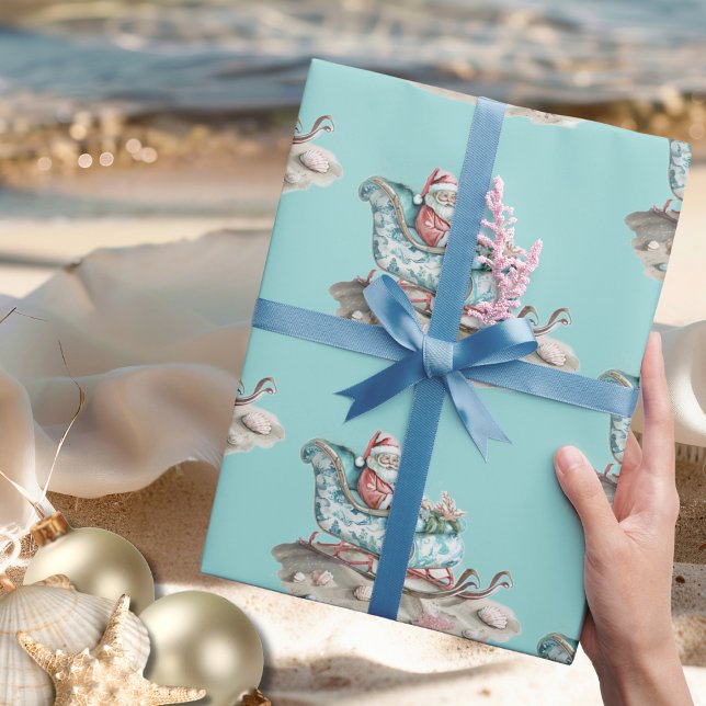 Papel De Presente Chinoiserie Sleigh dos papais noeis na praia (Santa’s Chinoiserie Sleigh on the Beach teal Wrapping Paper)