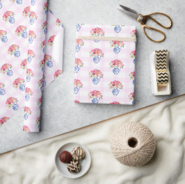 Papel De Presente Chinoisserie Floral Azul-Gingham Rosa