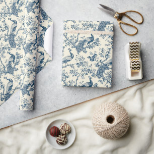 Papel De Presente Chinoseriado de pavão branco e azul-aquarela da Ch