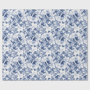 Papel De Presente Chintz Azul e Branco, Floral Rosa Couve