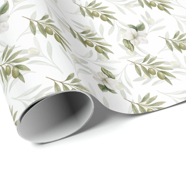 Papel De Presente Chique Aquarela de Oliveira Sábia Atemporal  (Ponta do rolo)