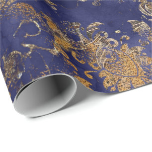 Papel De Presente Chique azul Dourado Floral, quente e quente