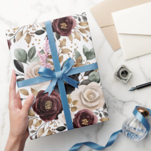 Papel De Presente Chique Chuveiro de Noiva Floral Borgonha e Creme