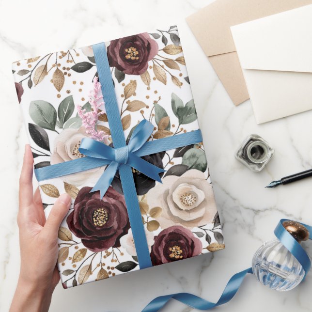 Papel De Presente Chique Chuveiro de Noiva Floral Borgonha e Creme (Presentear)