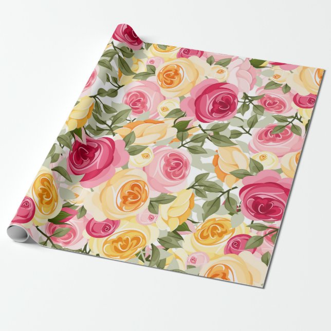 Papel De Presente Chique de fazenda de rosas rosa e amarelas Floral (Desenrolado)